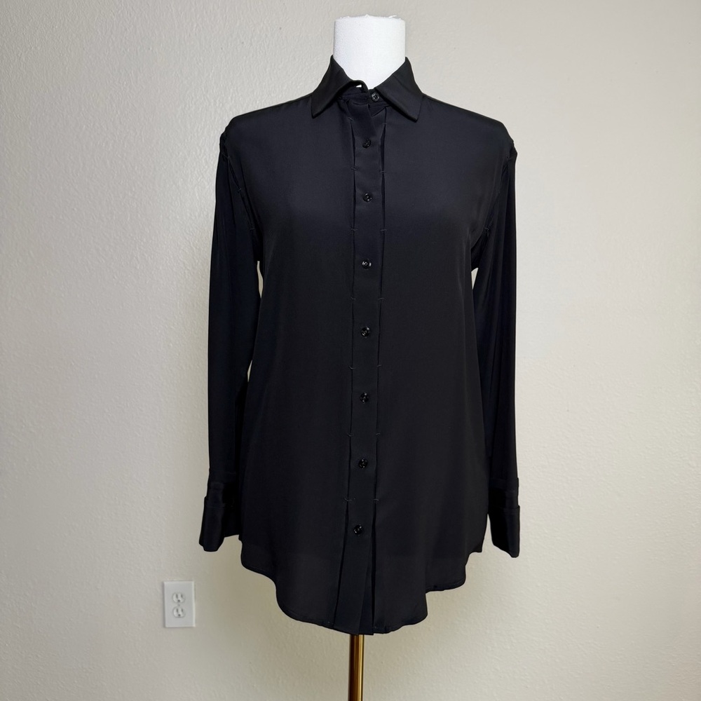 Tom Ford Black Silk Button Front Blouse Sheer Shoulder Detail (IT 36)